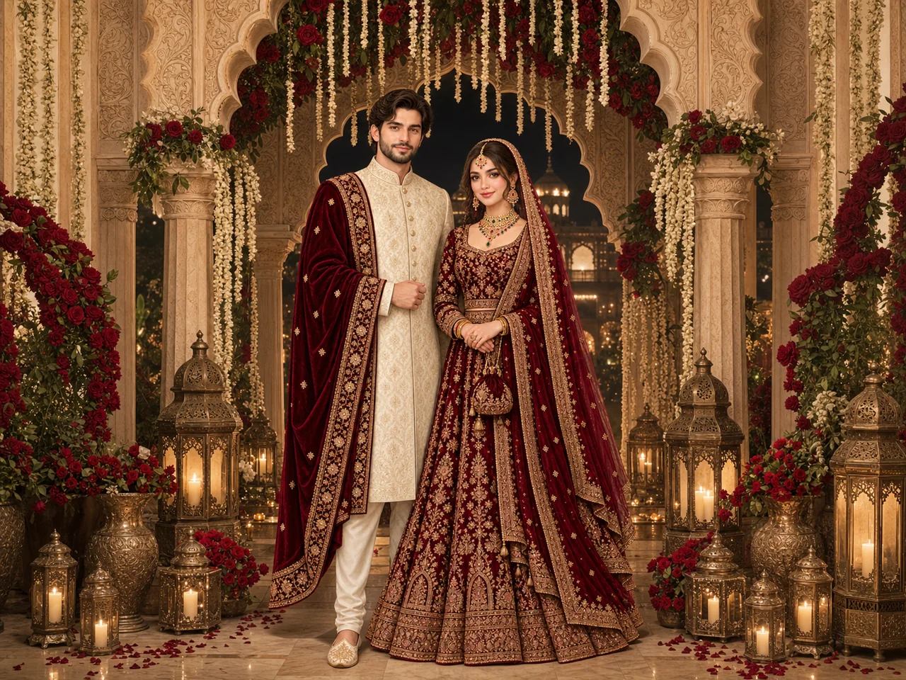 Illustrated Pakistani bride and groom beneath a royal flower-covered Barat arch