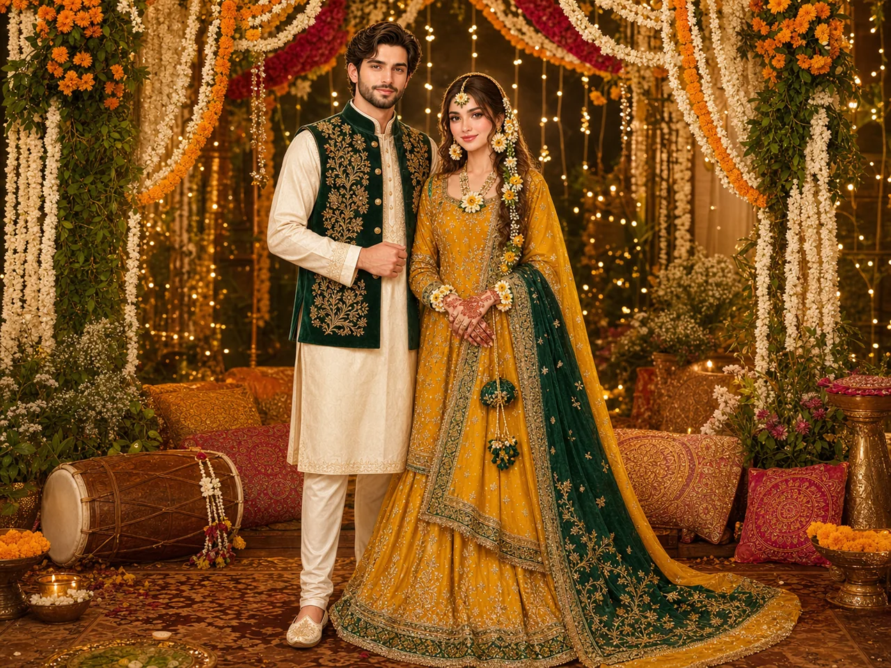 Illustrated Pakistani couple at a colourful Mehndi celebration beneath marigold flowers