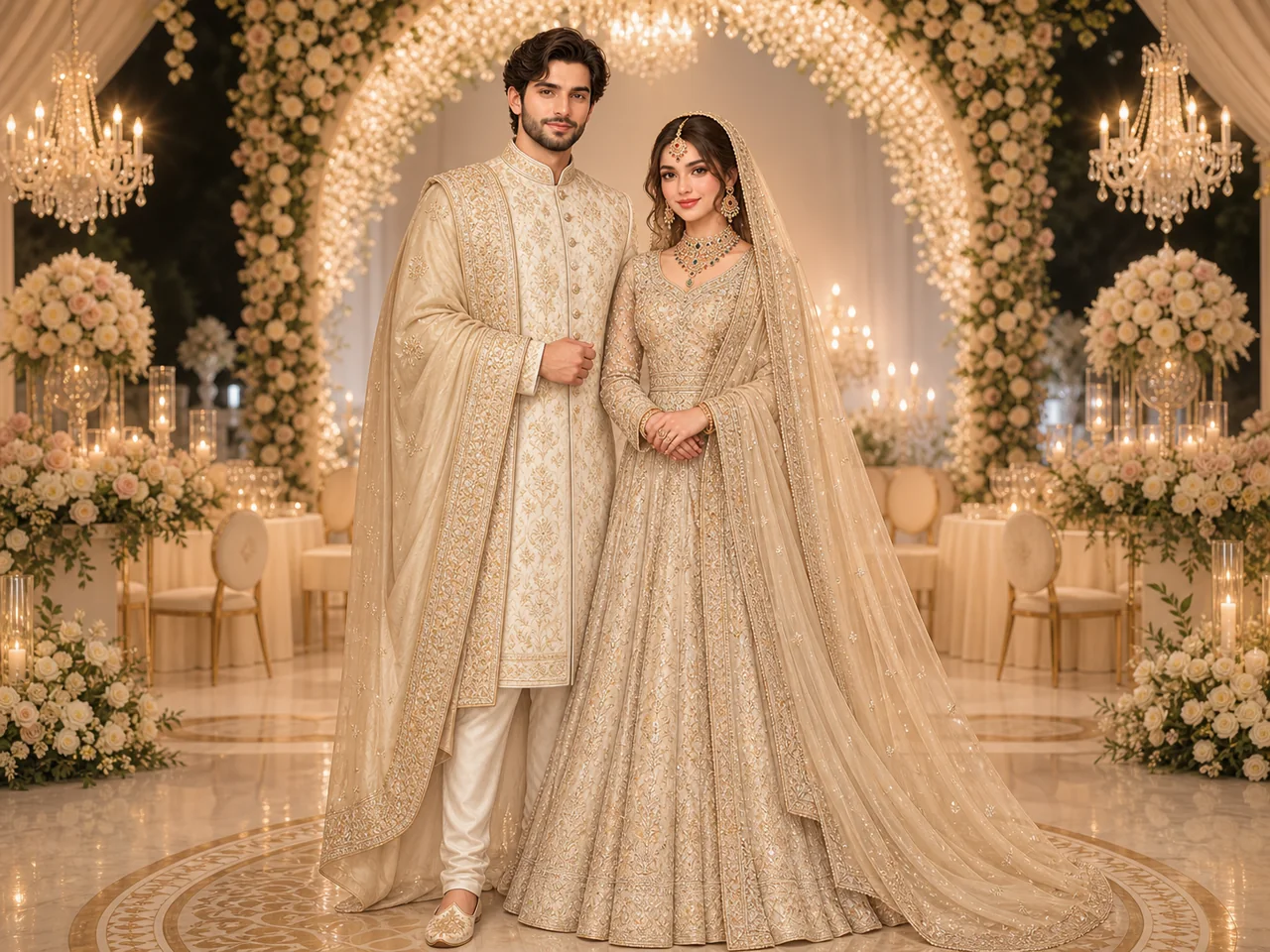 Illustrated Pakistani couple at an elegant ivory and gold Walima reception